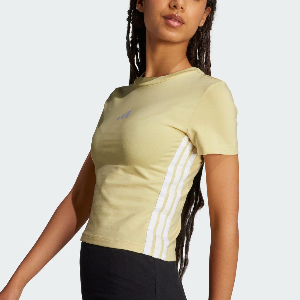 Adidas Essentials Приталенный пуловер в тонкую полоску с круглым вырезом, футболка с коротким рукавом, женские футболки, пудрово-желтый, белый JE1246