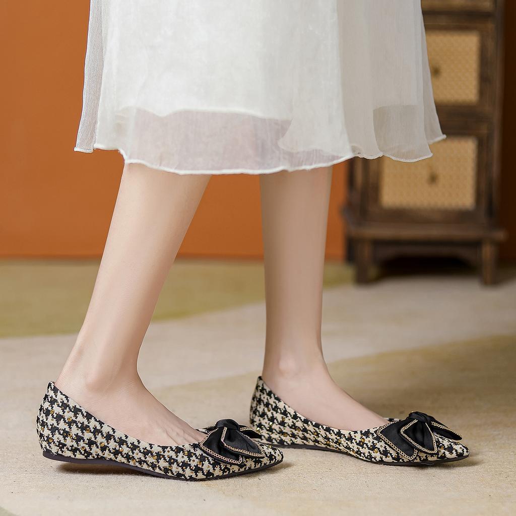 Fashion Elegant Bowknot Flats Women Houndstooth Ballets Shoes Shallow Pointed Toe Rivets Loafers Female Office Dress Slip On Ballerinas