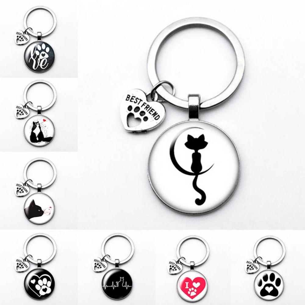 Love Cat Pet Footprints Car Key Chain Cartoon Key Holder Fashion Glass Cabochon Key Ring Men Women