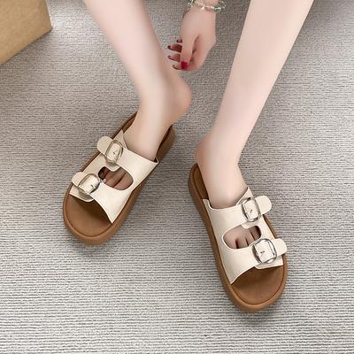 Модные шлепанцы-сандалии на плоской платформе, летние новые, с круглым носком, металлической пряжкой, для улицы, на высокой подошве, повседневные, нескользящие, пляжные