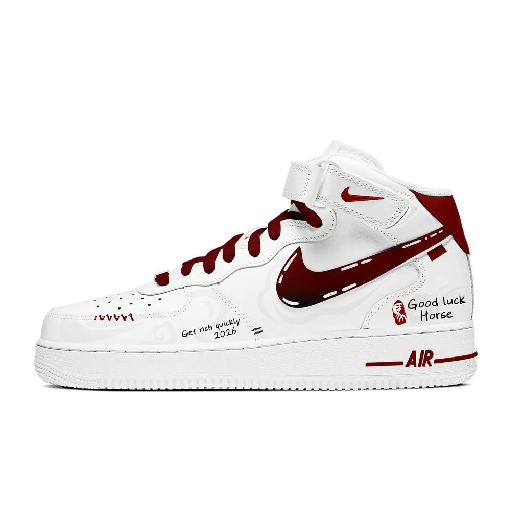 Nike Air Force 1 Red Luck Swift Horse Slip Resistant Slip Resistant Mid top Skateboard Shoes Men's White Red CW2289-111(Team1868-)