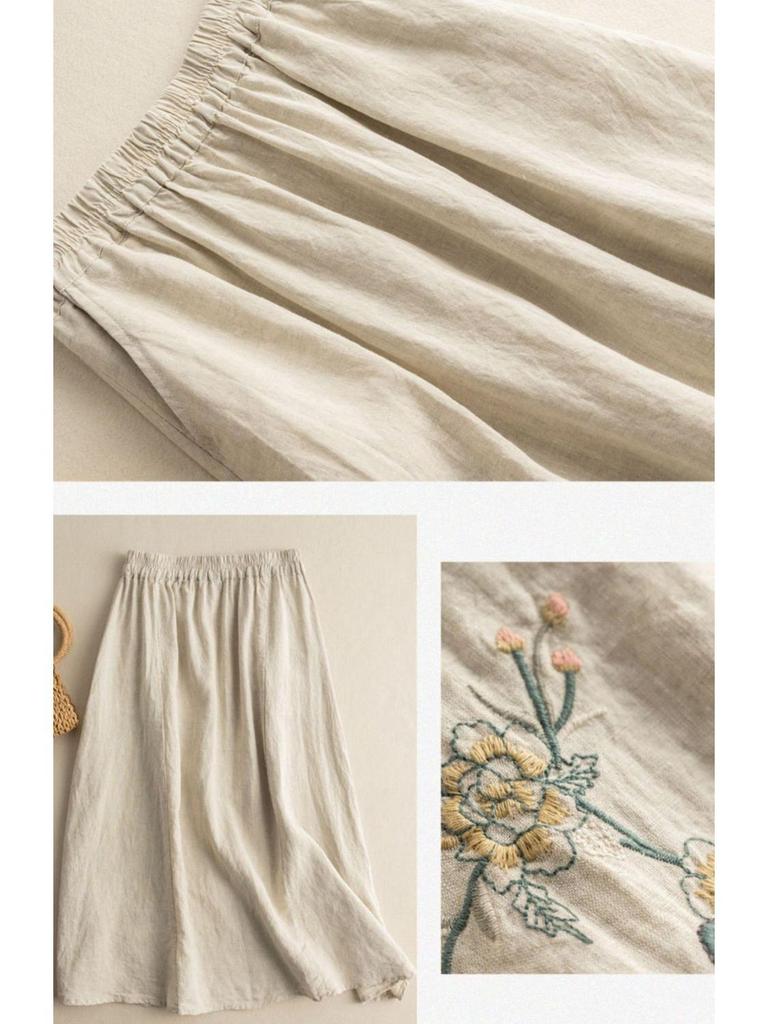 Женская длинная юбка в стиле ретро из хлопка и льна с вышивкой - Облегающая, однотонная, универсальная, летний стиль 2022