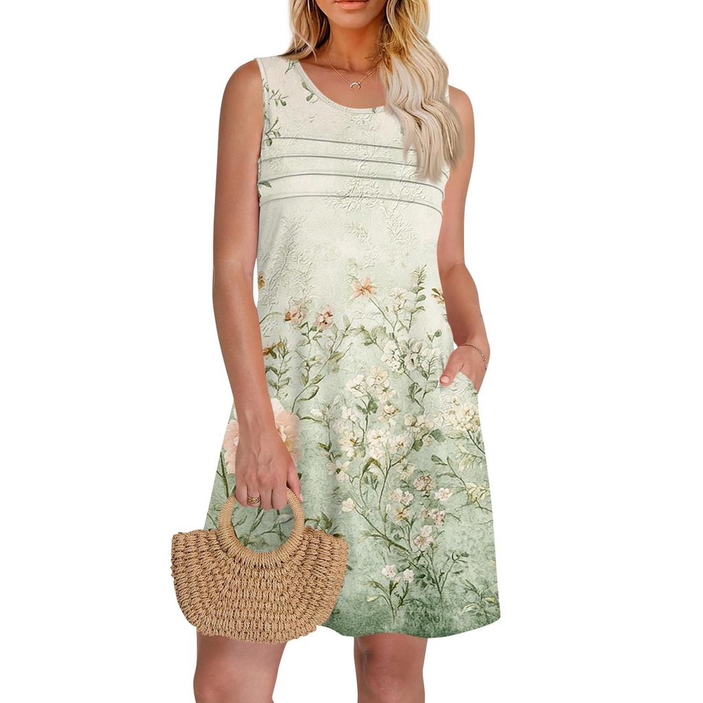 Женские летние платья с круглым вырезом, плиссировкой спереди, без рукавов, карманами, сарафаном, повседневным платьем