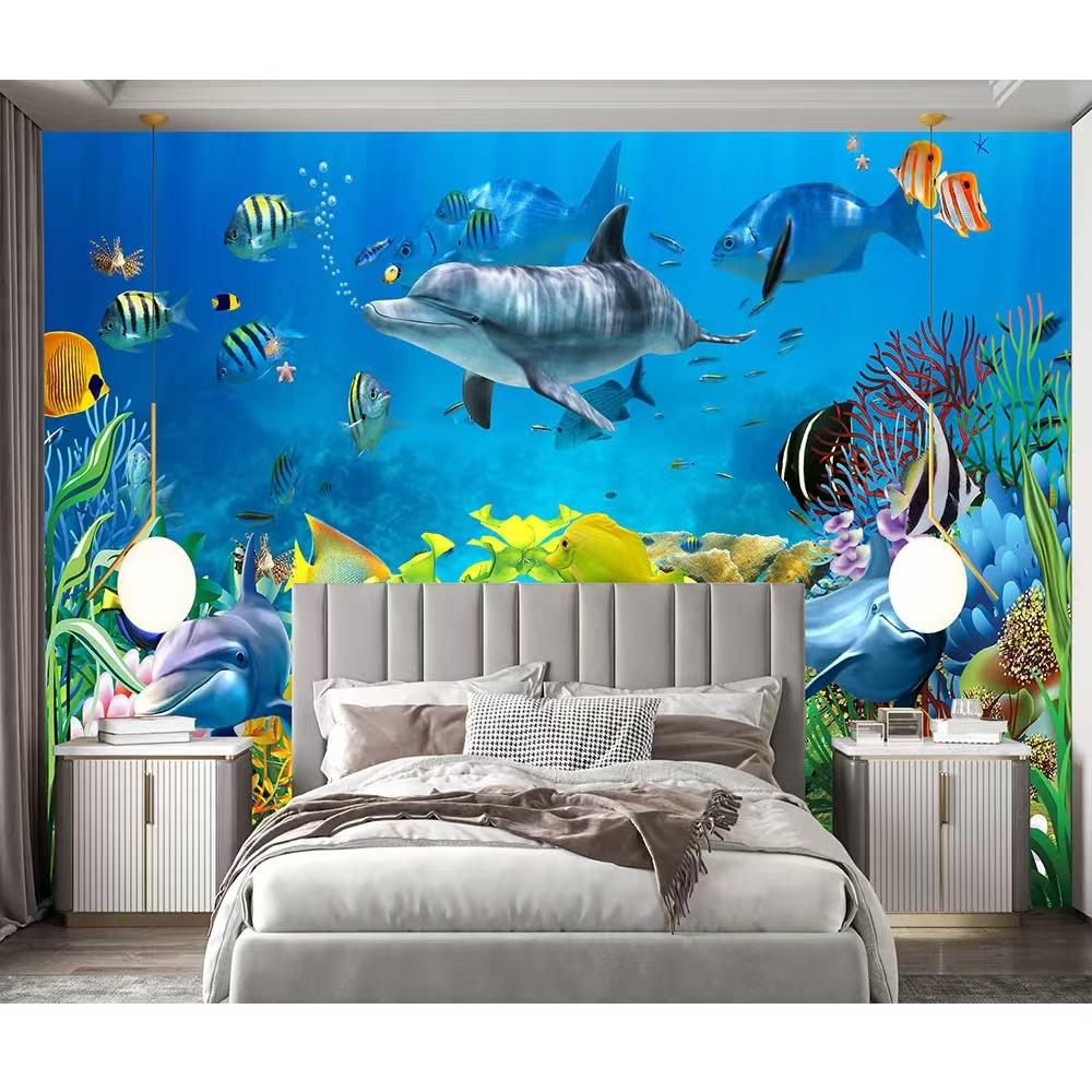 Photo Mural 3D Underwater World Wall Mural Dolphin Fish Coral Children Room Living Room TV Background Wall Home Decoration