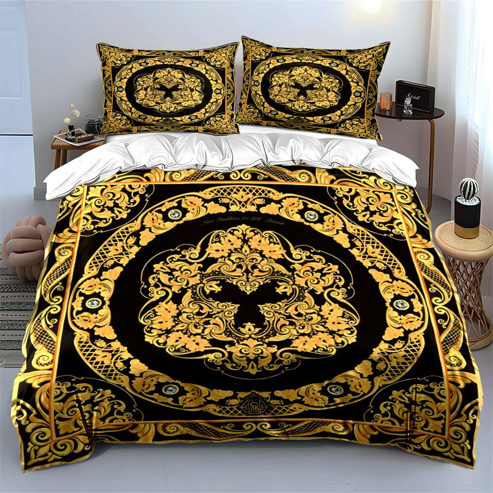 Baroque Gold Floral Pattern Bedding Duvet Cover Set (1*Duvet Cover 2*Pillowcases, without duvet insert)