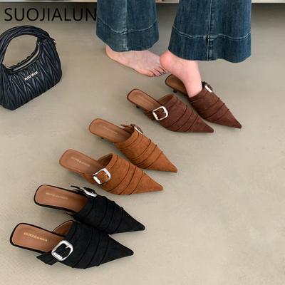 Модные женские шлепанцы SUOJIALUN 2025 нового бренда, модные мюли с острым носком, на тонком среднем каблуке, для улицы, для платья, шлепанцы, туфли-лодочки