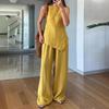 Women's Irregular Hem 2 Piece Outfit Sleeveless Crew Neck Top Wide Leg Pants Lounge Set Summer Casual Tracksuit