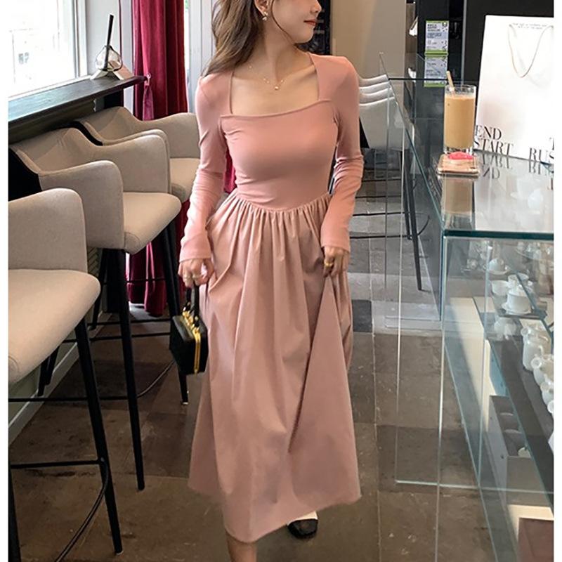 Coffee Break French Sexy Pink Dress for Women In Spring and Autumn Slim Fit Inside Sweet and Chic A-line Skirt New Style