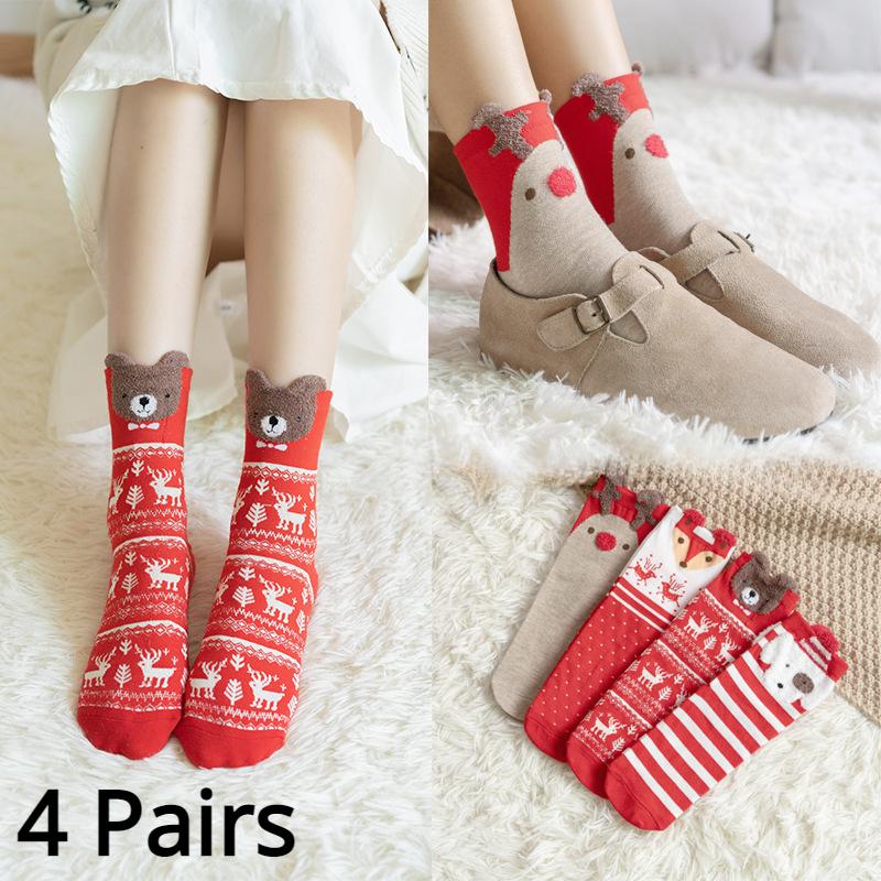 4 пары женских зимних рождественских носков, праздничные носки с рисунками животных, рождественские подарки для девочек и женщин