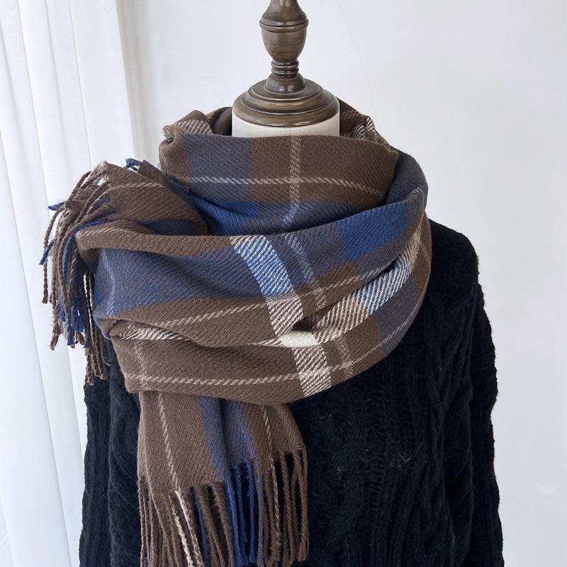 Клетчатый шарф Женский Зимний Теплый Имитация Кашемира Шарф-шаль с бахромой Двусторонний шарф Ветрозащитный и теплый, Разноцветные варианты для повседневных прогулок, Офис