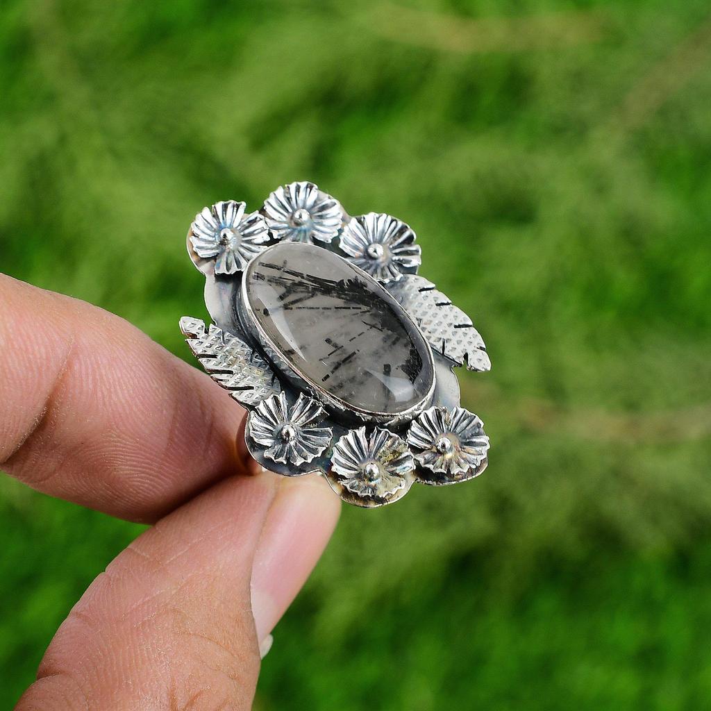Natural Black Rutilated Quartz Flower Adjustable Ring 925 Silver For Girls