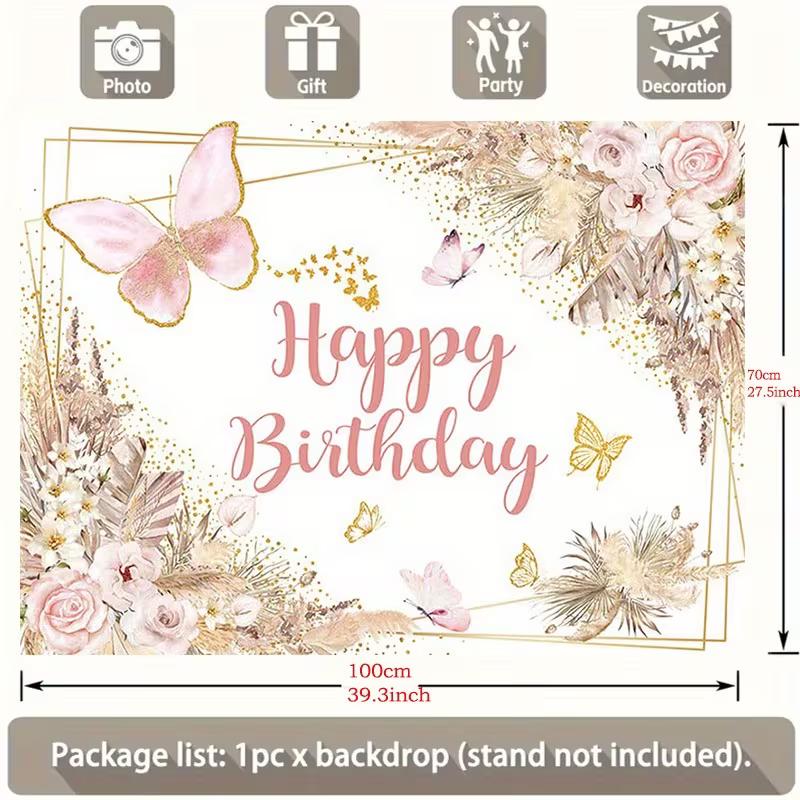 2D Happy Birthday Backdrop Pink Gold Butterfly Floral Party Background Banner