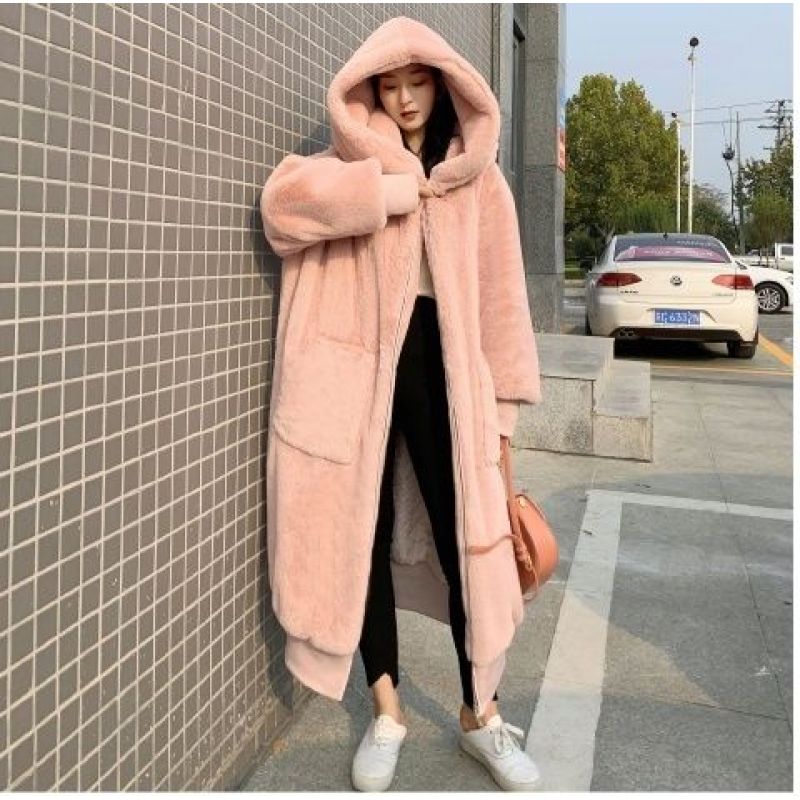 Осеннее и зимнее искусственное меховое утолщенное длинное пальто с капюшоном, экологически чистое пальто