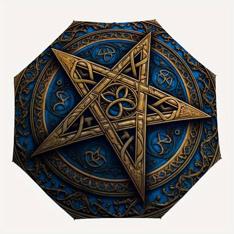 Golden Pentagram Symbol Wall Art Decor, Mystic Blue Circular Design, Spiritual Protection Decoration for Home or Office Umbrella, Cute Umbrella with C