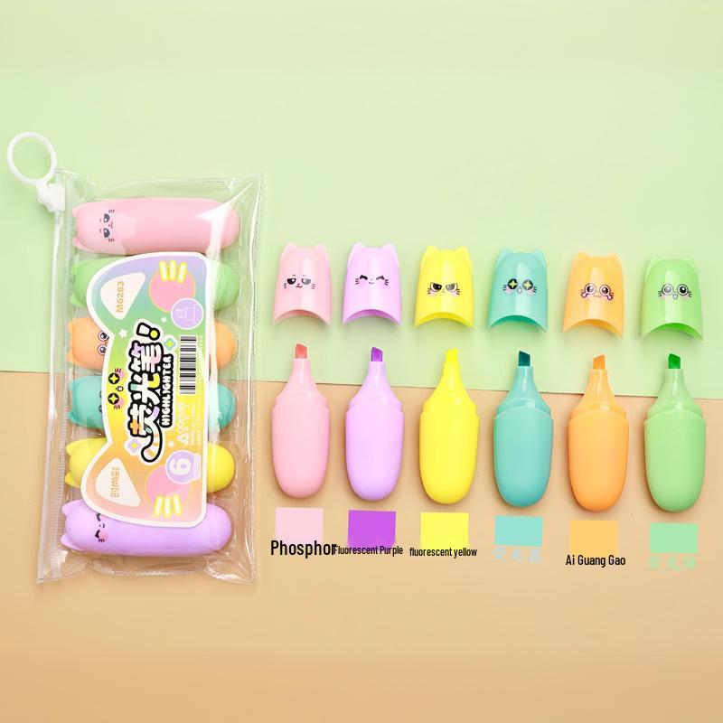 Set of 6 Mini Fluorescent Pens - Cute Cartoon Design, Perfect for Elementary Students. Small, Portable, and Colorful Highlight Markers.