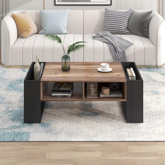 Wood Table Grain Coffee with Handle-less Drawer Open Shelf Side Storage Compartments Living Room Easy Assembly Rustic Rectangle Low Sofa Tea