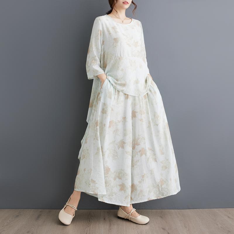 Dimanaf Комплект из двух предметов размера плюс, женская одежда, элегантный женский топ с принтом Vinatge, льняные свободные брюки, женский летний костюм