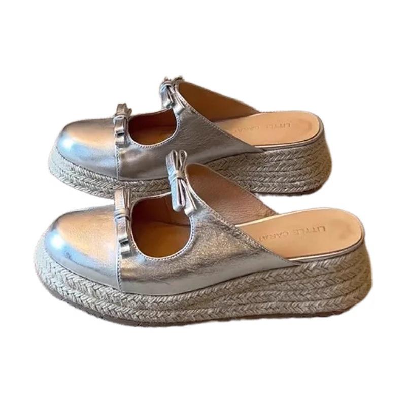 Новый китайский стиль ретро толстая подошва соломенная плетеная сумка головной бант крутые тапочки 2025 лето новая обувь полутапочки женские