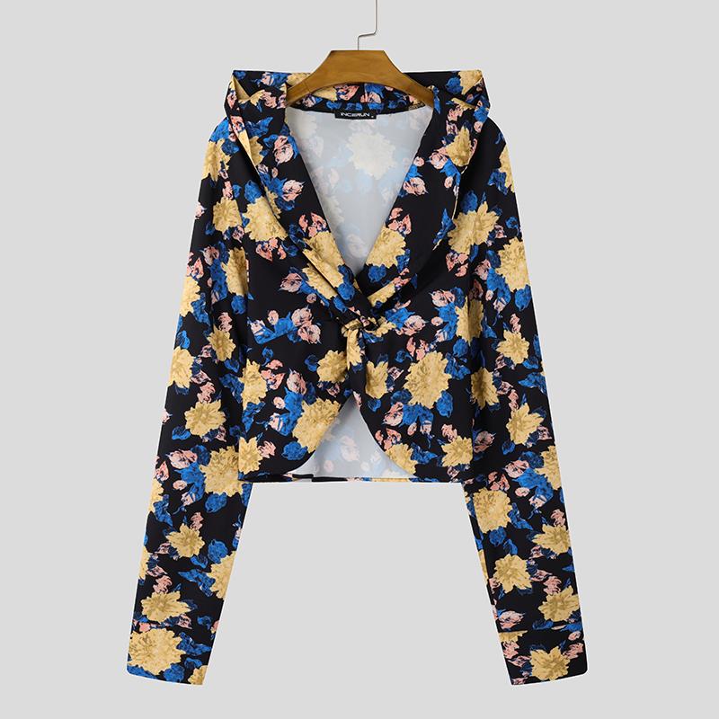 INCERUN Мужские толстовки с капюшоном с длинным рукавом спереди и перекрученным узором, короткие топы с принтом