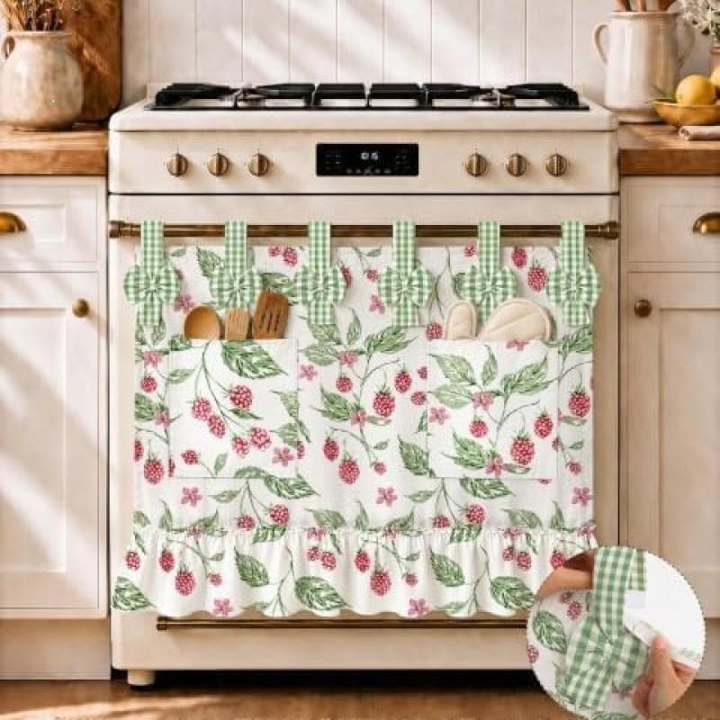 Oven Curtain With Pocket Hook-and-Loop Skirt Cherry Bow Decorative Kitchen Door Drape