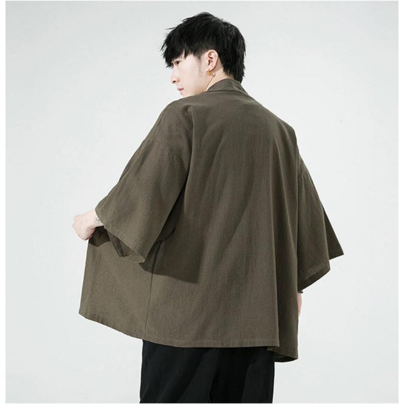 Летний мужской простой однотонный кардиган, повседневная свободная рубашка в китайском стиле с рукавом три четверти, ветровка большого размера