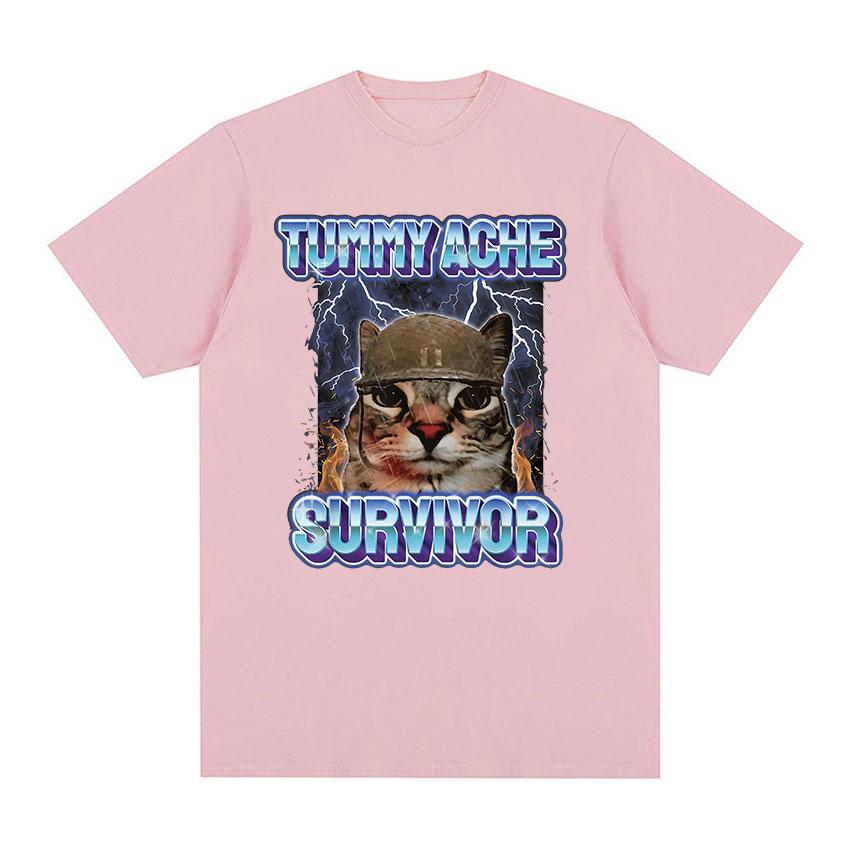 Винтажная футболка «Я пережил боль в животе», забавный мем с котом, мужская и женская одежда, модная футболка с коротким рукавом, повседневные футболки из чистого хлопка