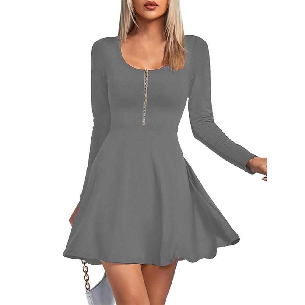 Womens Fashionable Solid Color Long Sleeved V Neck Long Sleeved Dress