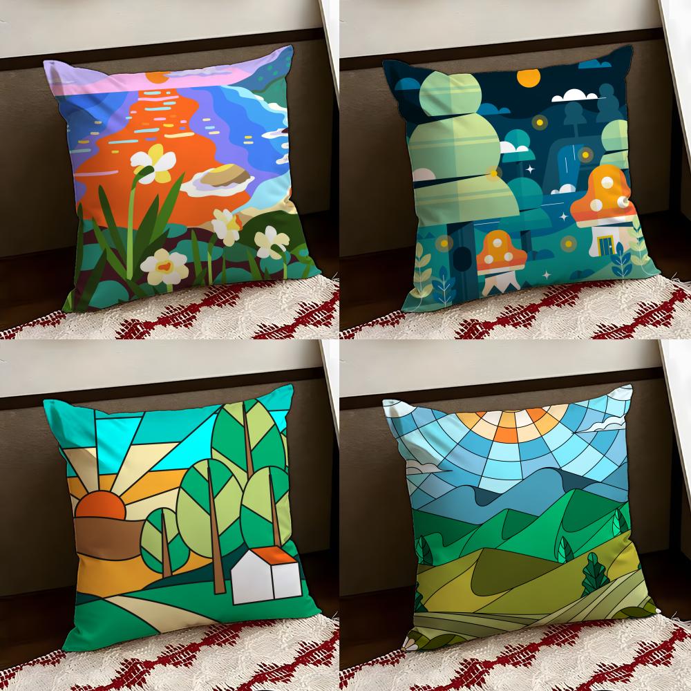Colorful Geometric Landscape Cushion Cover Reversible Soft Durable Pillow Cover Home Car MultiScene Use for Daily Comfort