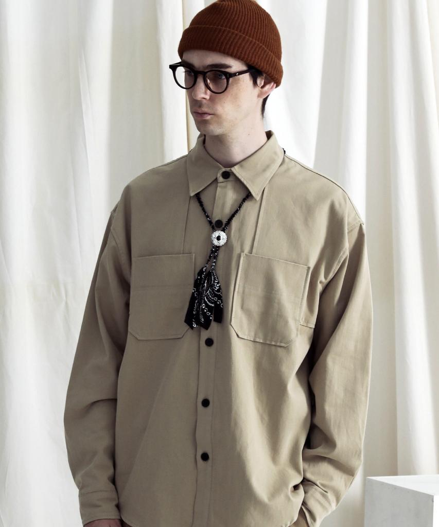 STAGE NAME Cotton Double Shoulder Work Oversized Shirt_Beige