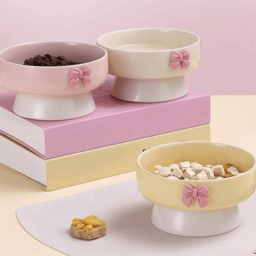Керамическая миска для кошек большой вместимости, цвета макарон, нескользящее основание, приподнятая миска для питомца с бантом, миска для воды и еды для кошек, кормление питомца, питье