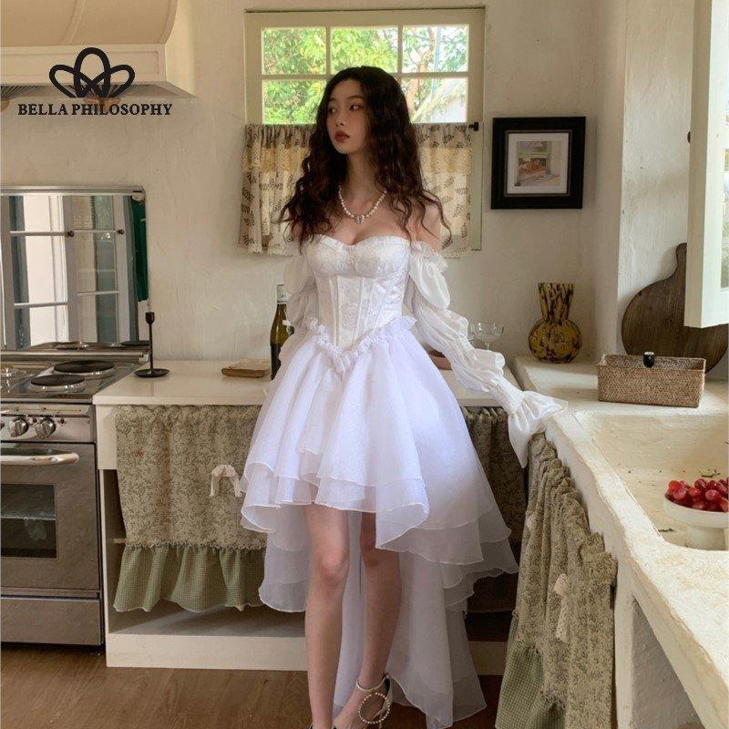 Весеннее элегантное белое платье феи с открытыми плечами, женское шикарное пышное платье принцессы, сетчатое пышное платье