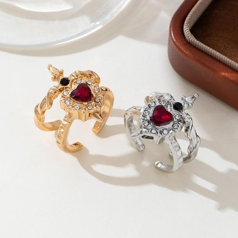 2pcs Punk Style Red Zirconia Arrow Through A Heart Ring Exquisite Fashion Couple Jewelry Set Men Women Daily Decor Holiday Gift