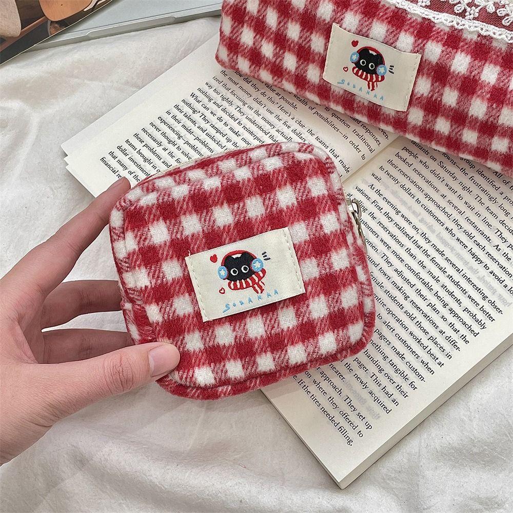 Plush Plaid Pencil Case Sweet Cosmetics Zipper Bag Kawaii Stationery Storage Pouch Children