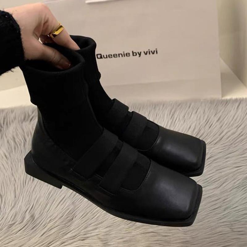 Square Toe Women Sock Boots Mid Calf Knitting Flats Shoes Designer Fashion New Botas 2024 Trend Fashion Dress Botas De Mujer