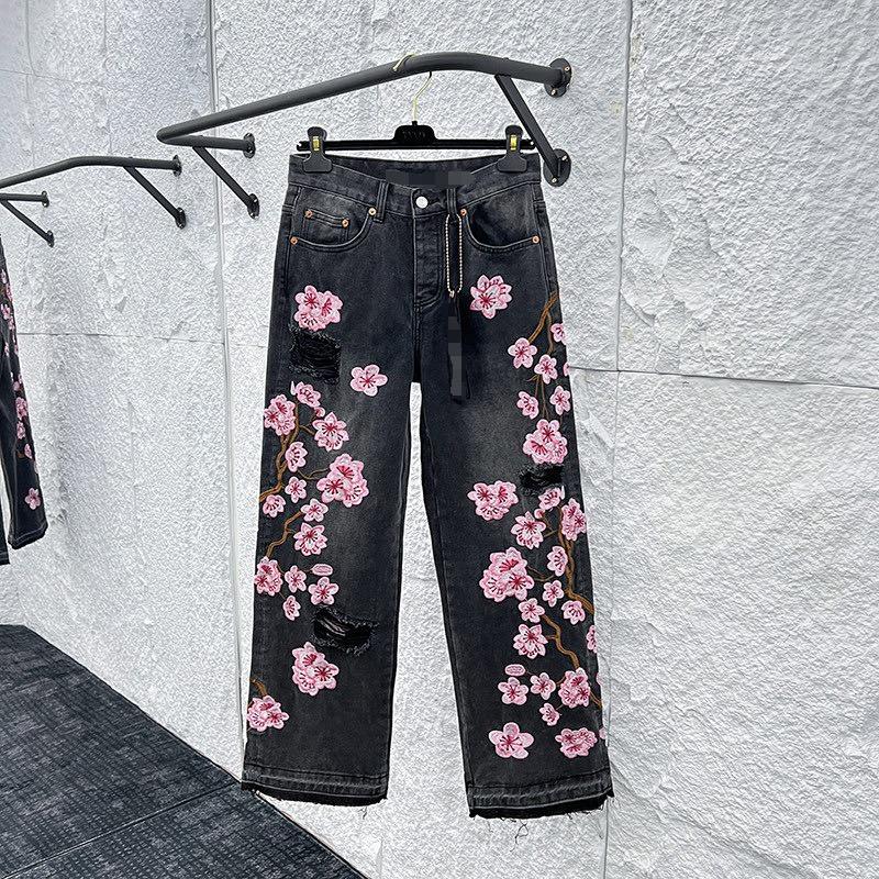 Streetwear Gothic Cherry Blossom Embroidered Jeans Y2K Clothing Men Women Hip Hop Vintage Baggy Jeans Low Rise Wide Leg Trousers