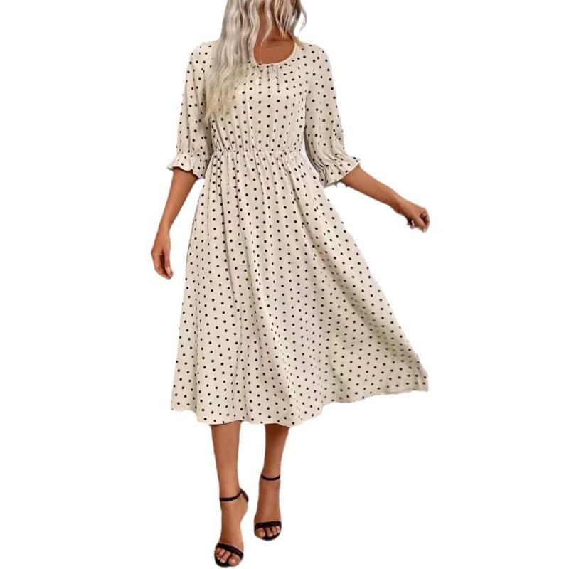 Осеннее женское элегантное и удобное платье в горошек, широкое платье-трапеция со средним рукавом
