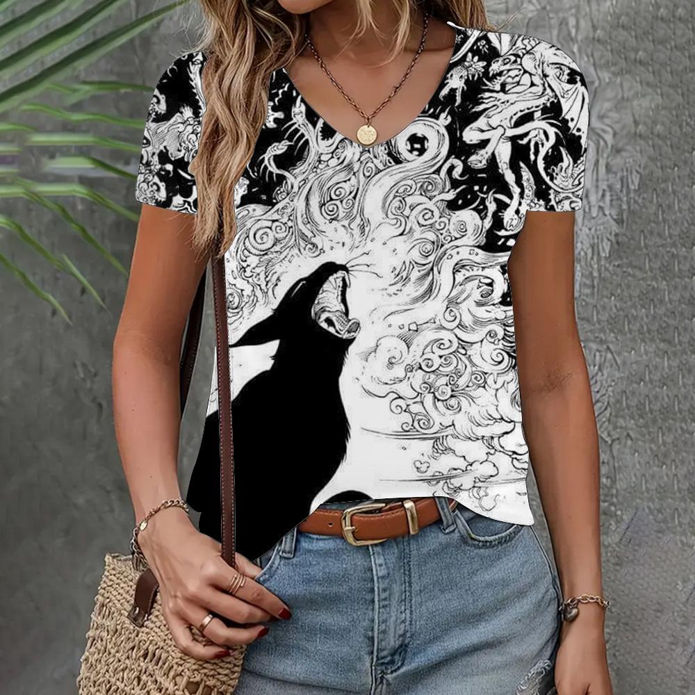 Летняя женская футболка с V-образным вырезом, модный тренд, одежда с коротким рукавом, топ с рисунком кошки, свободная женская футболка с коротким рукавом