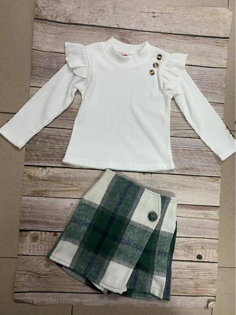 Девочки Осенне-Зимний Комплект: Однотонный топ в рубчик с рукавами-крылышками, юбка и брюки в нерегулярную клетку