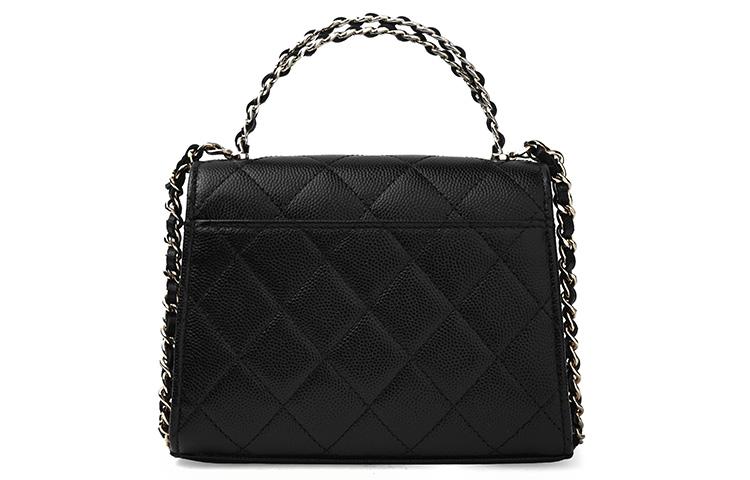 Chanel 23P Сумка Kelly, черная, из зернистой коровьей кожи, с перфорированной ручкой, золотой цепочкой и клапаном, сумка через плечо, женская сумка