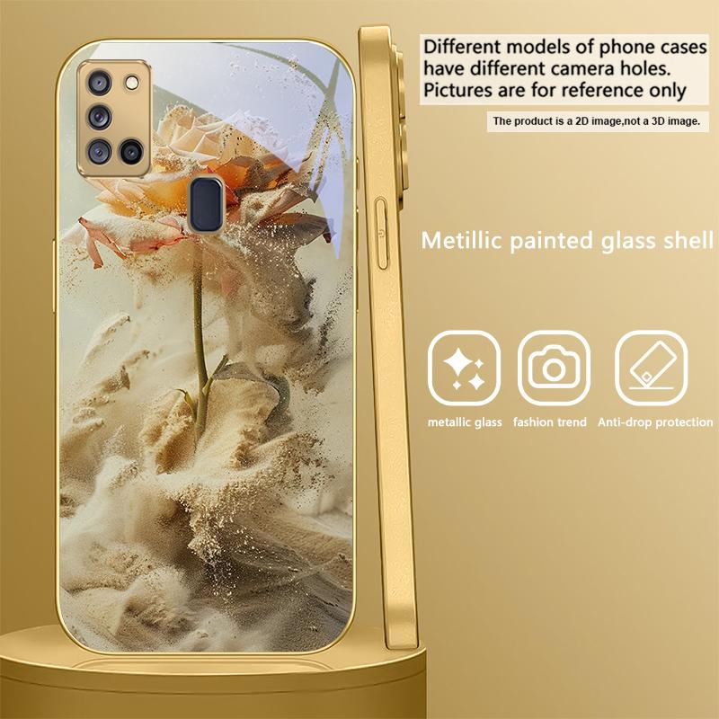 Vintage Desert Pink Rose For Samsung A 31 32 A33 A34 35 14 A15 13 16 25 26 50 52 53 54 55 56 70 71 72 73 Golden glass phone case