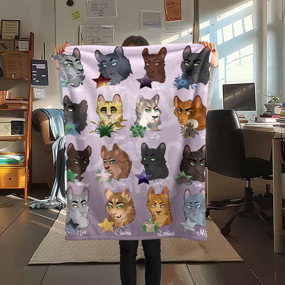1PC Cat Warrior Print Flannel Blanket, High quality Comfortable for All Seasons, Home Decor, Warmth and Comfort, Perfect for Christmas Gifts