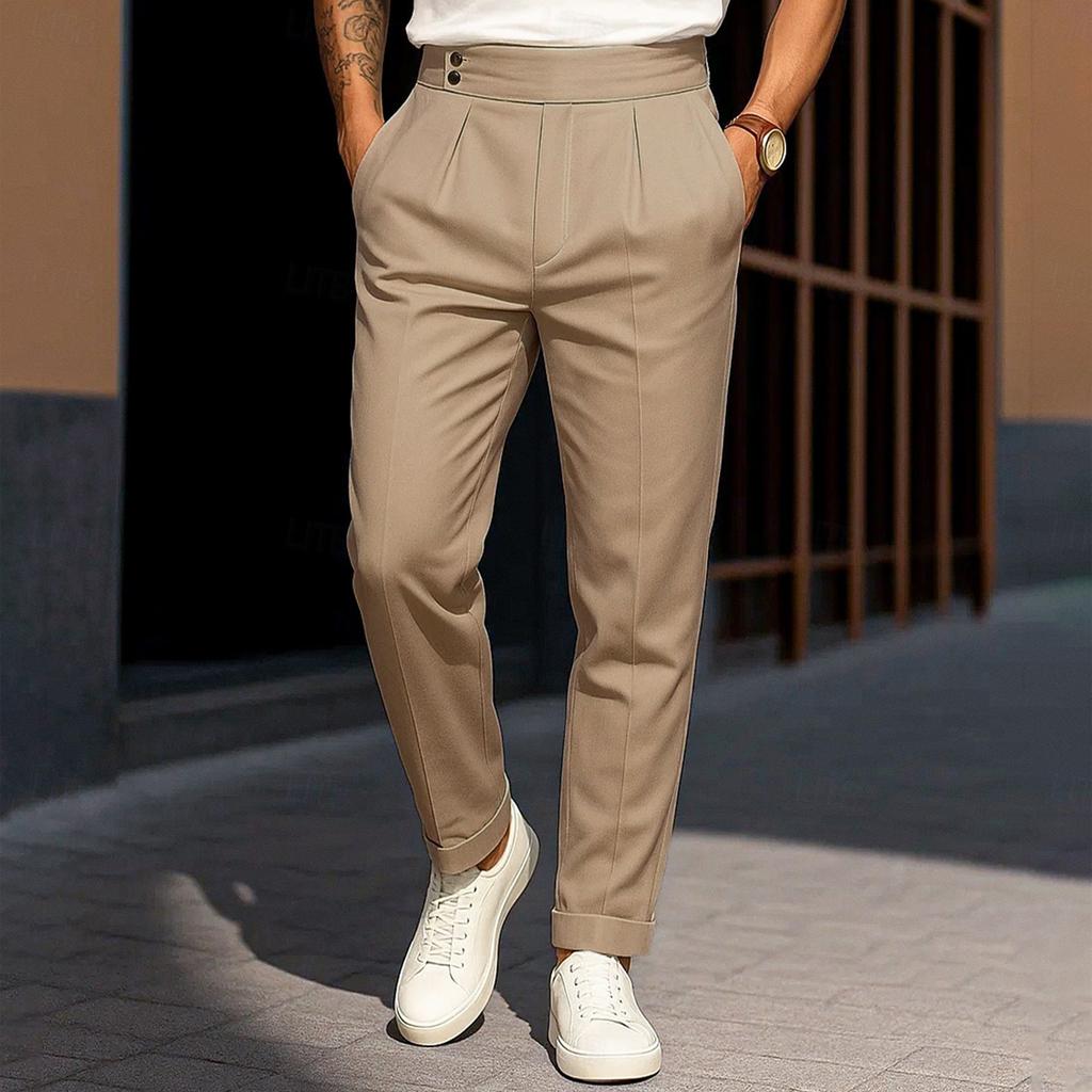 Men's Solid Color Double Button Drape Pants High Waist Straight Casual Suit Pants