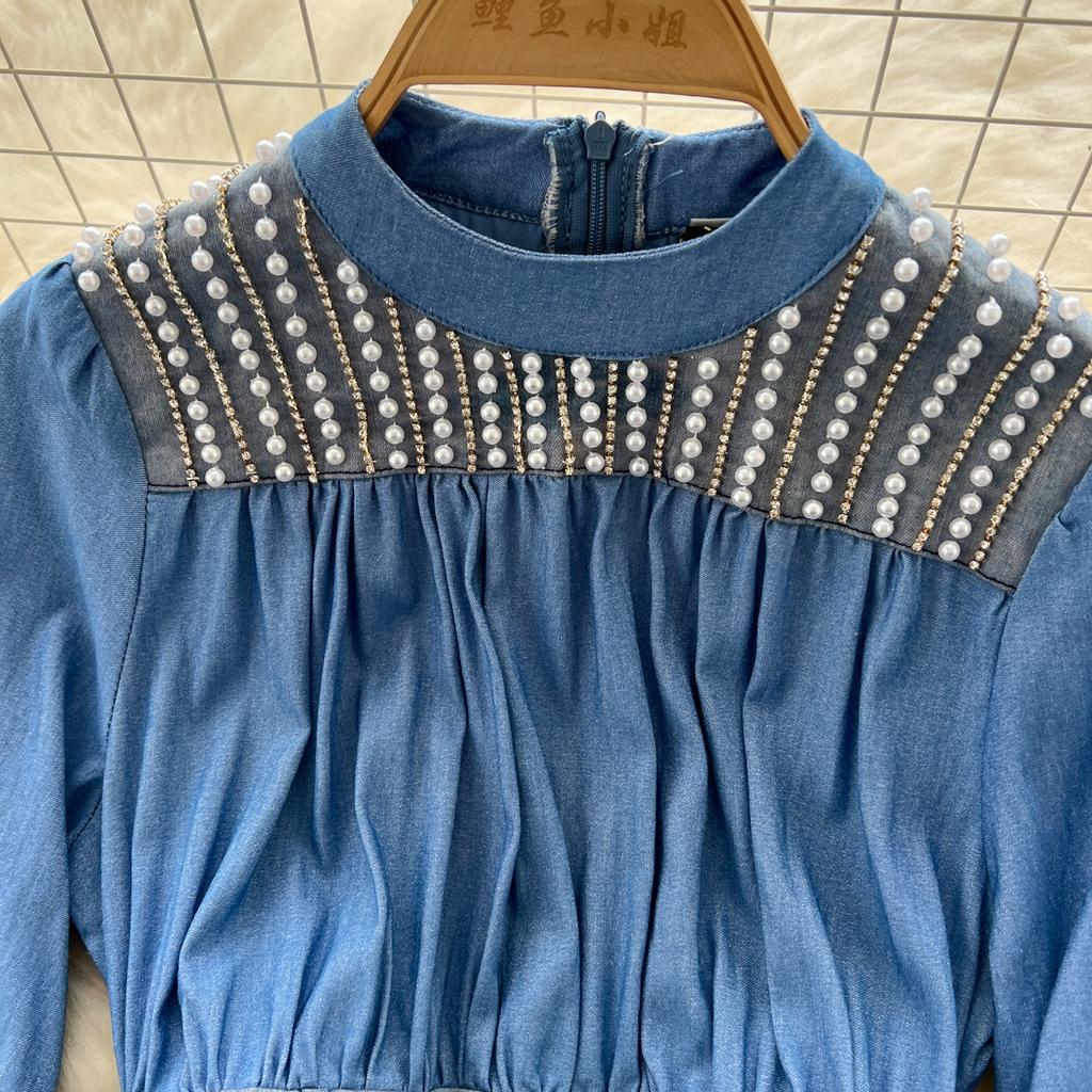 Весна Осень Женские Элегантные Бисероплетение Длинные Миди Вечерние Джинсовые Платья