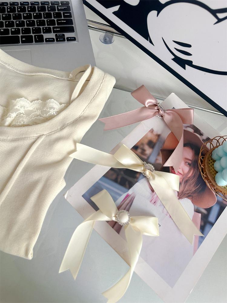 Винтажные футболки из двух предметов для девочек Mori Girl, женские кружевные лоскутные укороченные топы с милым бантом, женский эстетический однотонный пуловер Kawaii, новый