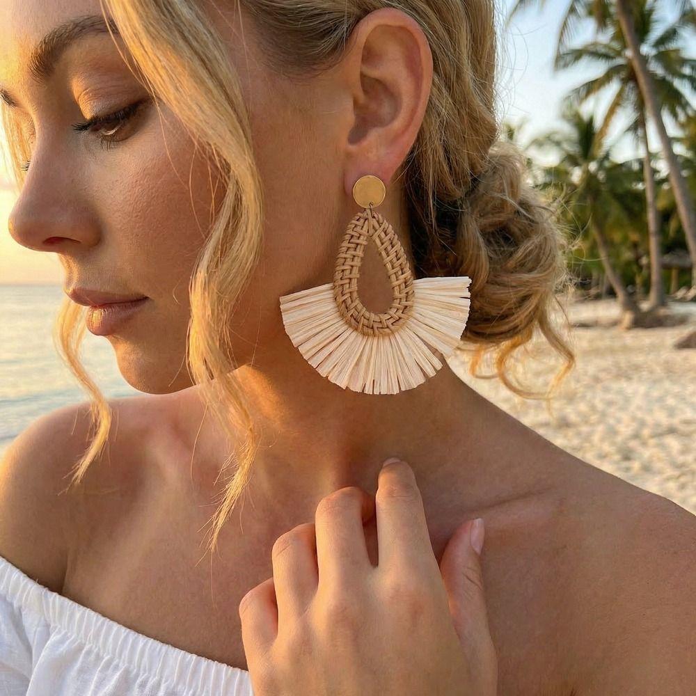 Round Rattan Weave Earrings Flower Beach Jewelry Cute Bohemian Drop Earrings Wedding
