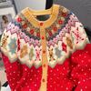 Женский кардиган в рождественском стиле, красный, однобортный, с круглым вырезом, вязаный, полосатый жаккардовый, осенняя женская верхняя одежда