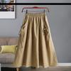 Cargo Skirt with Elastic Waist Side Pockets Solid Color A-Line Loose Fit Midi Skirt Workwear Style Drawstring Skirt