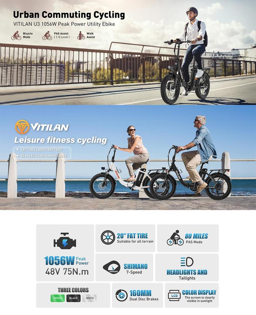 Электровелосипед Vitilan U3 с мотором 750 Вт, колеса 20"x 3" CHAOYANG с защитой от проколов, широкие покрышки, аккумулятор 48 В 13 Ач, для взрослых, 7 скоростей, зеленый