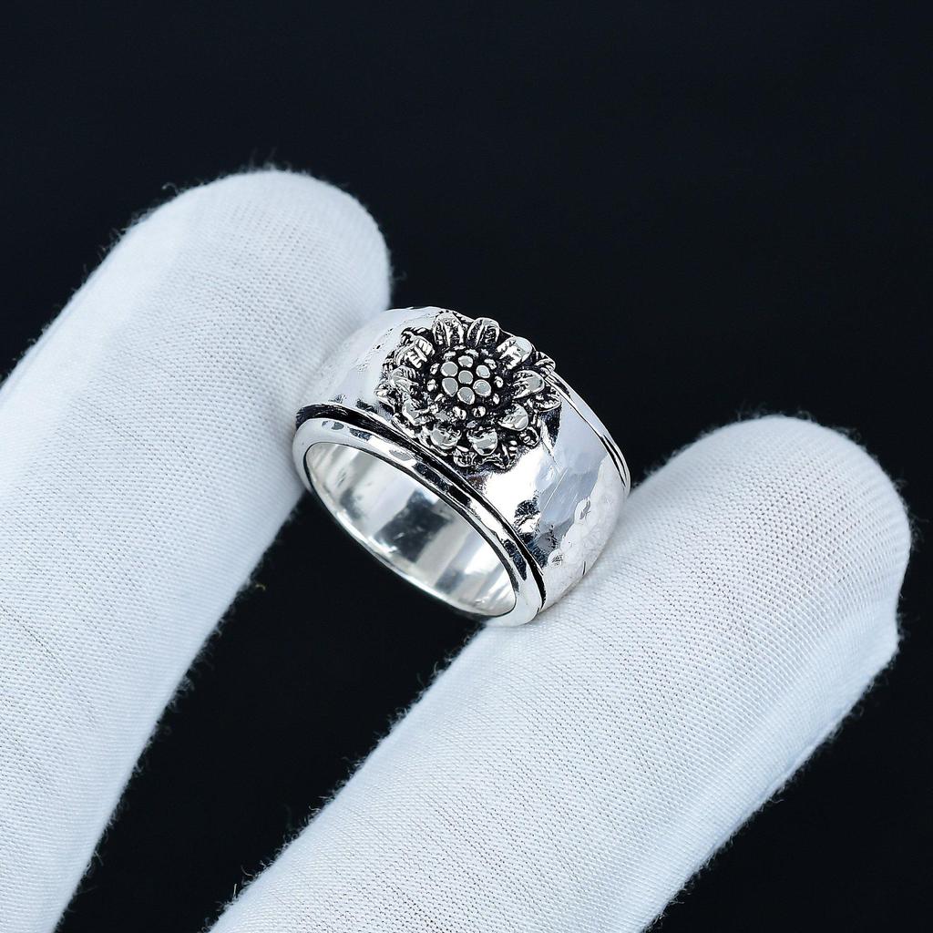 Кольцо-банда с цветочным дизайном, Унисекс кольцо-спиннер, Медитативное кольцо-спиннер, Ювелирное изделие из стерлингового серебра 925 пробы, Подарок ручной работы, Кольцо обещания для девушки