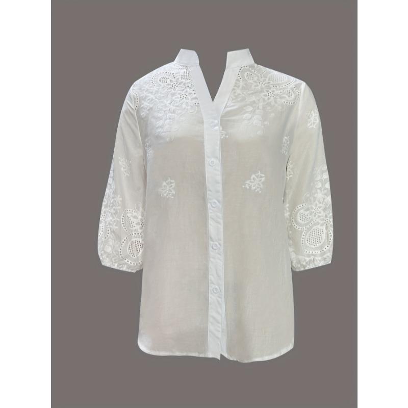 Elegant Short Sleeved Jacquard Lace Loose Shirt Fashion Sweet Women Casual Hollow Out Office White Blouse Spring Autumn New V-neck Women Top Clothing